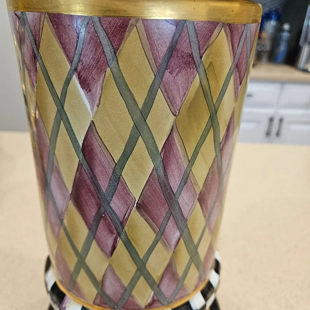 RARE MACKENZIE CHILDS ARGYLE PLAID AURORA CERAMIC COLUMN STORAGE CANISTER JAR
